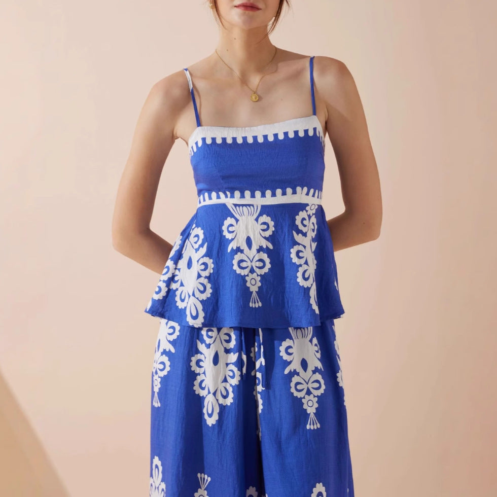 Ensemble Femme Deux Pièces – Coton Mélangé – Haut Péplum Bretelles Fines – Pantalon Large
