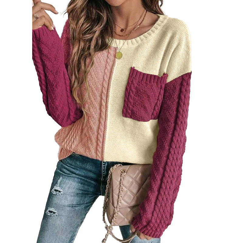 Sweat-shirt femme – Coupe ample – Maille torsadée – Épaules tombantes – Poche plaquée