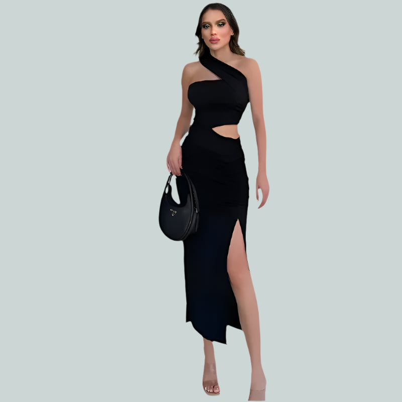 Robe longue asymétrique élégante à une épaule et découpes pour femme