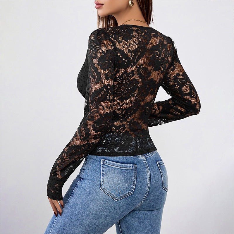 Blouse femme – Coupe slim – Dentelle ajourée – Manches longues – Décolleté plongeant