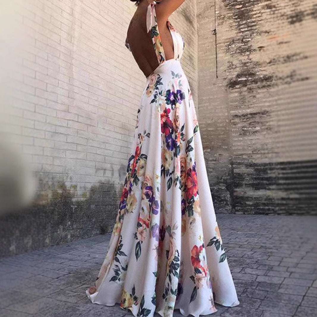 Robe longue femme – Dos nu – Coupe évasée – Bretelles fines – Imprimé fleuri
