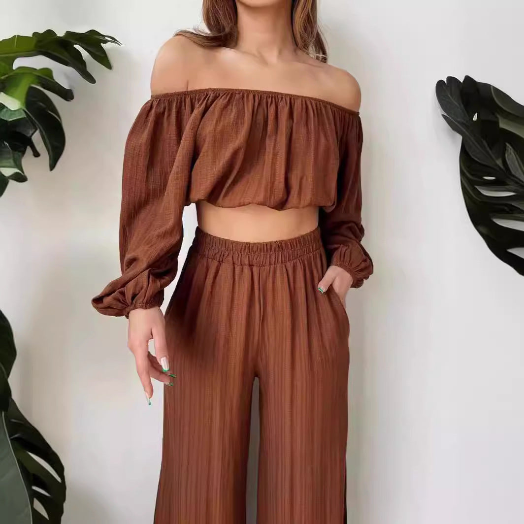 Ensemble Femme Deux Pièces – Top Épaules Dénudées – Manches Longues – Pantalon Large Taille Haute