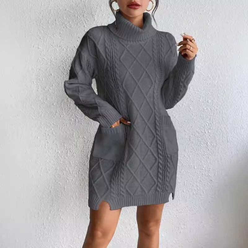 Robe pull femme – Coupe slim – Tricot torsadé – Col haut – Manches longues