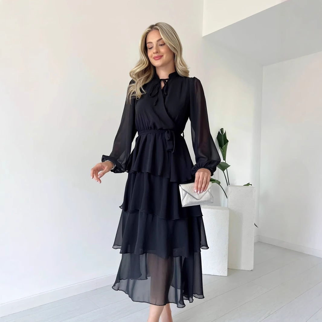 Robe femme midi en chiffon – Coupe évasée – Manches longues – Col haut noué