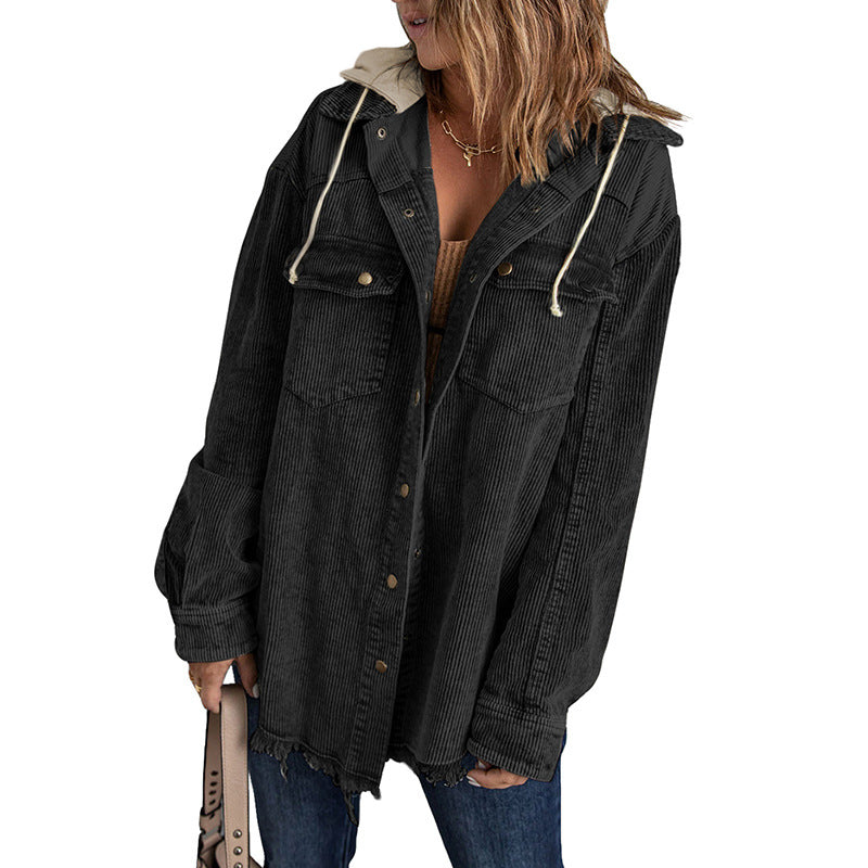 Veste à capuche femme – Coupe oversize – Velours côtelé – Ourlet effiloché – Boutons