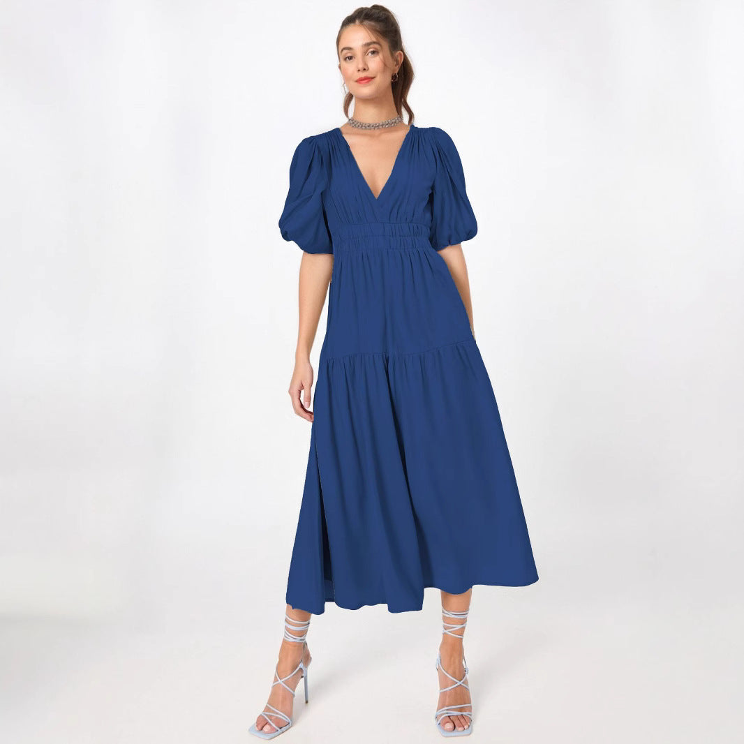 Robe midi femme – Taille cintrée – Manches bouffantes – Décolleté en V – Jupe fluide à volants