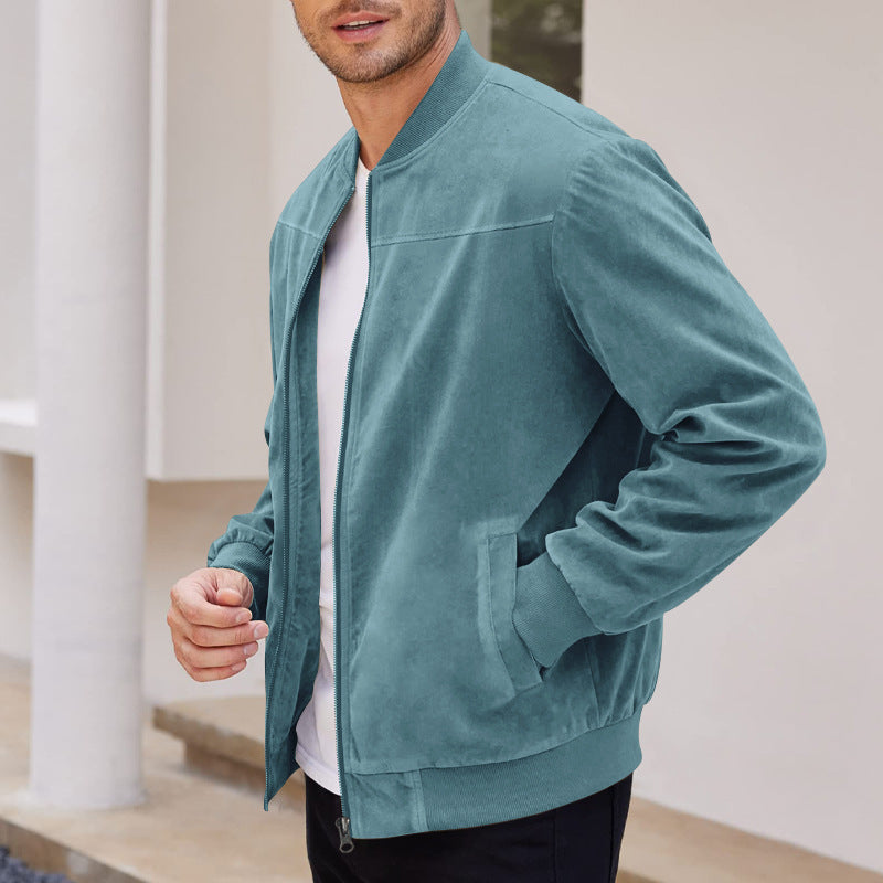 Blouson bomber homme – Coupe classique – Tissu toucher daim – Col montant zippé