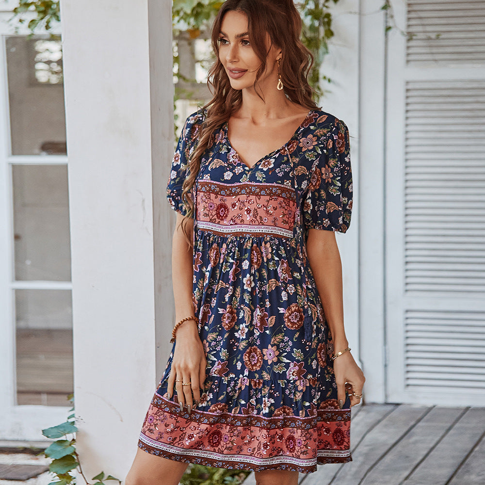 Robe Femme Mini Évasée – Coton Léger – Manches Bouffantes – Col V – Imprimé Fleuri