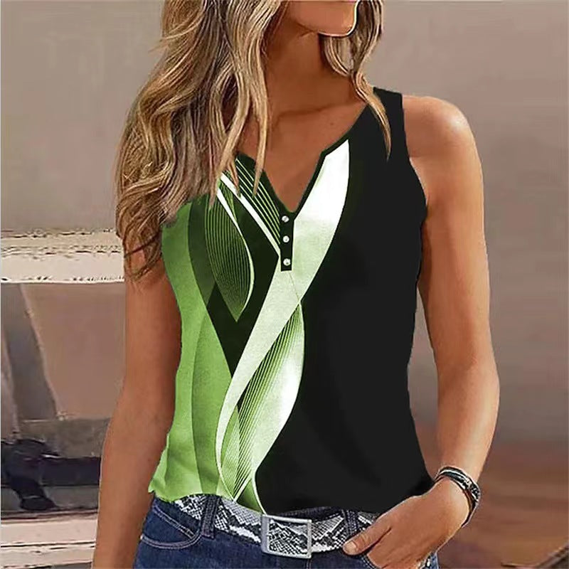 Top sans manches femme – Col V – Coupe fluide – Boutons décoratifs – Imprimé moderne