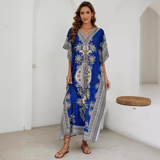 Robe longue femme – Tissu léger respirant – Manches larges – Motif orné – Décolleté V