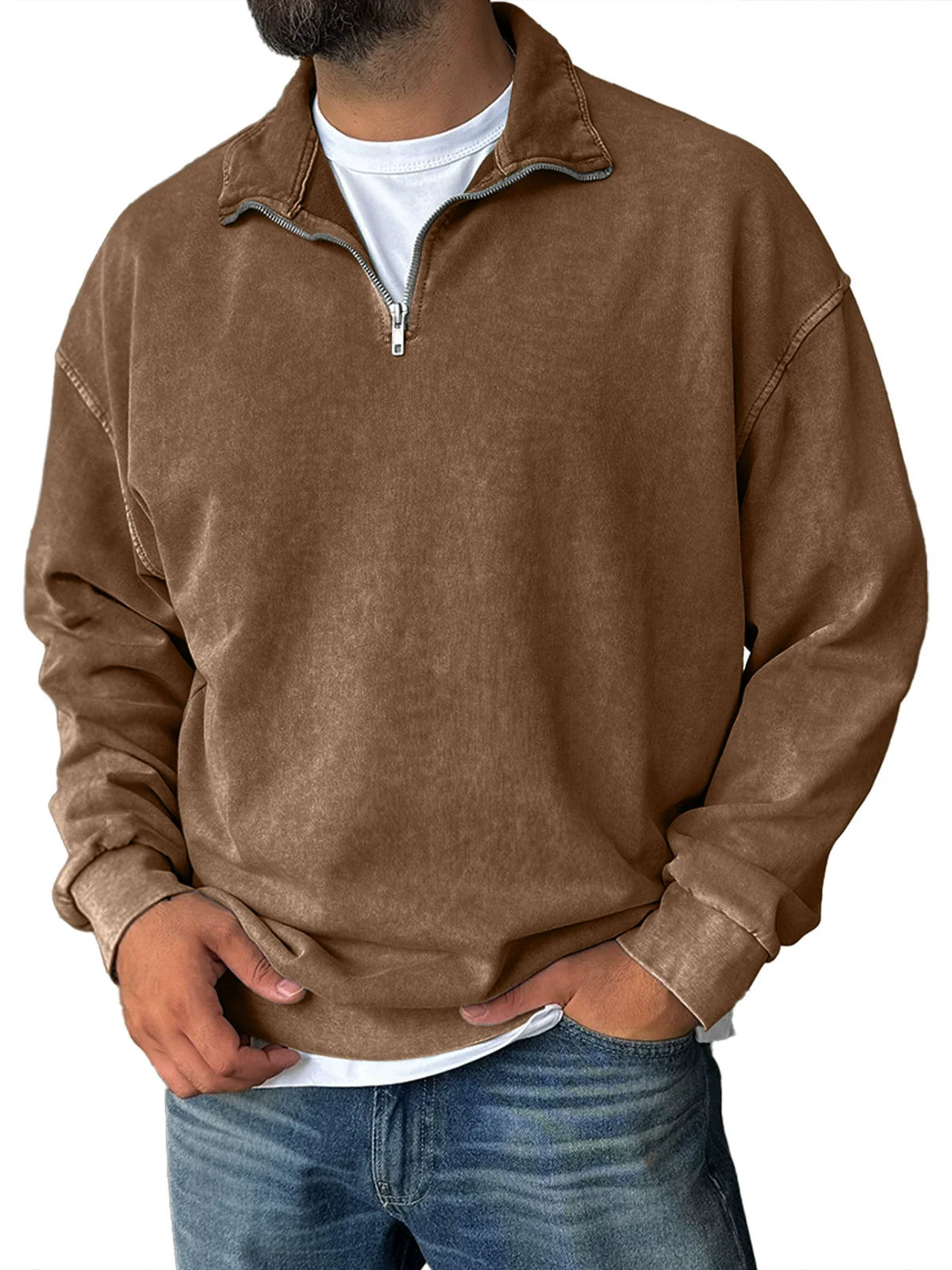 Sweat-shirt homme – Coupe décontractée – Col montant zippé – Épaules tombantes