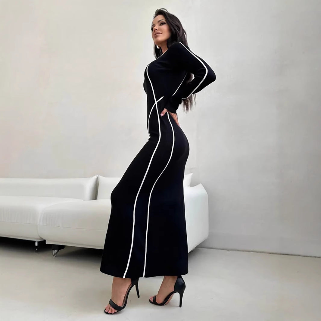Robe moulante femme – Col rond – Manches longues – Coupe slim – Lignes contrastées