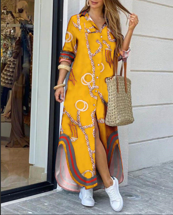 Robe longue imprimée à col boutonné et manches longues pour femme
