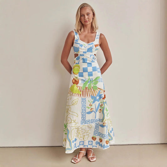 Robe longue femme – Coton léger – Coupe ajustée – Taille ajourée – Fines bretelles – Imprimé brodé