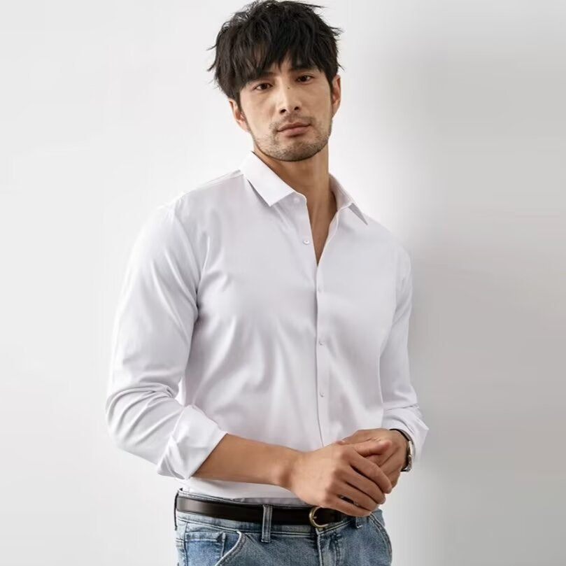 Chemise homme – Coupe slim – Tissu doux effet soie – Manches longues – Boutonnage classique