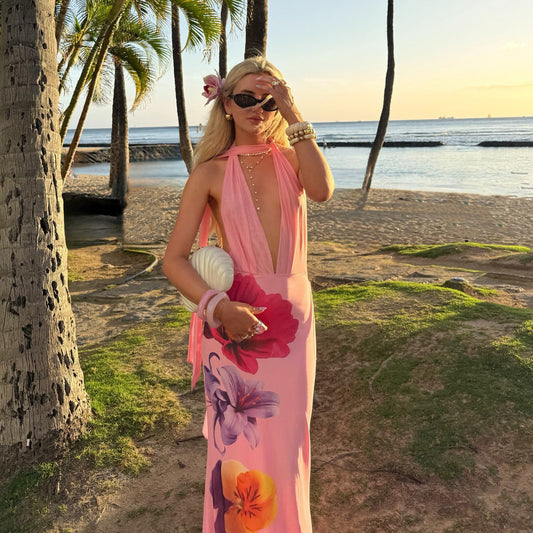 Robe longue femme – Coupe ajustée – Tulle léger – Dos nu – Col licou fleuri