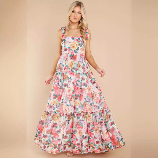 Robe longue femme – Sans manches – Épaule dénudée – Volants – Imprimé floral – Coton doux
