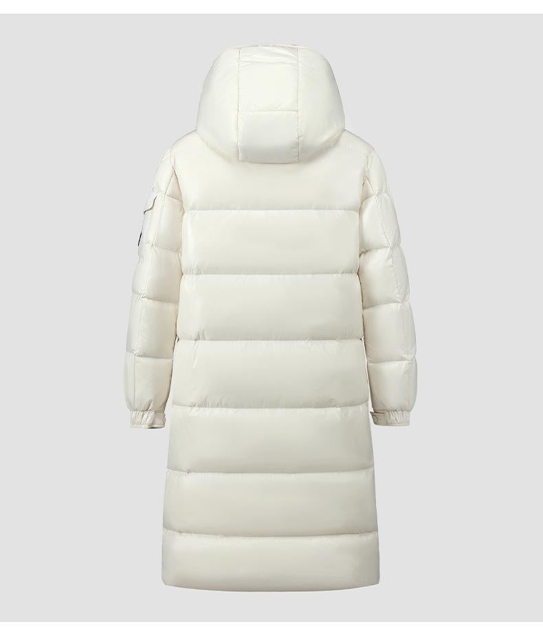 Manteau long femme – Duvet matelassé – Capuche – Finition brillante déperlante