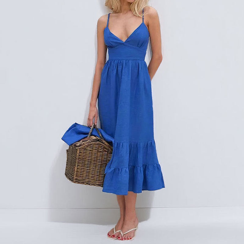 Robe midi femme – Encolure en V – Bretelles fines – Coupe évasée – Ourlet à volants