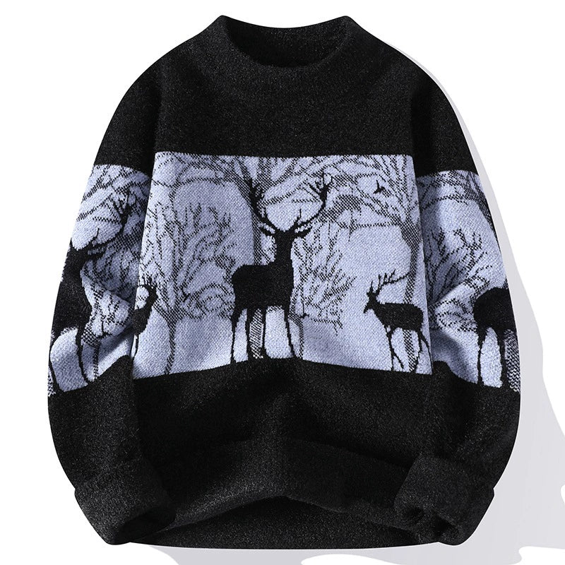 Homme Pull - Laine Mélangée - Col Montant - Motif Cerf - Manches Longues