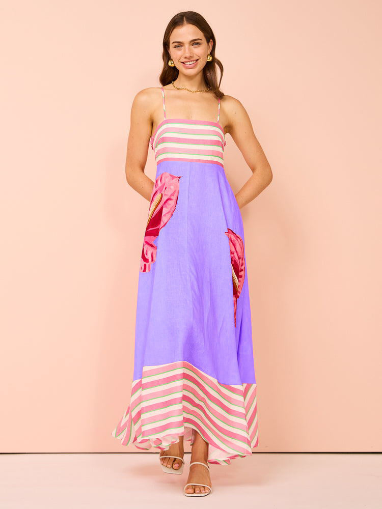 Robe midi femme – Bretelles fines – Corsage smocké – Coupe évasée fluide
