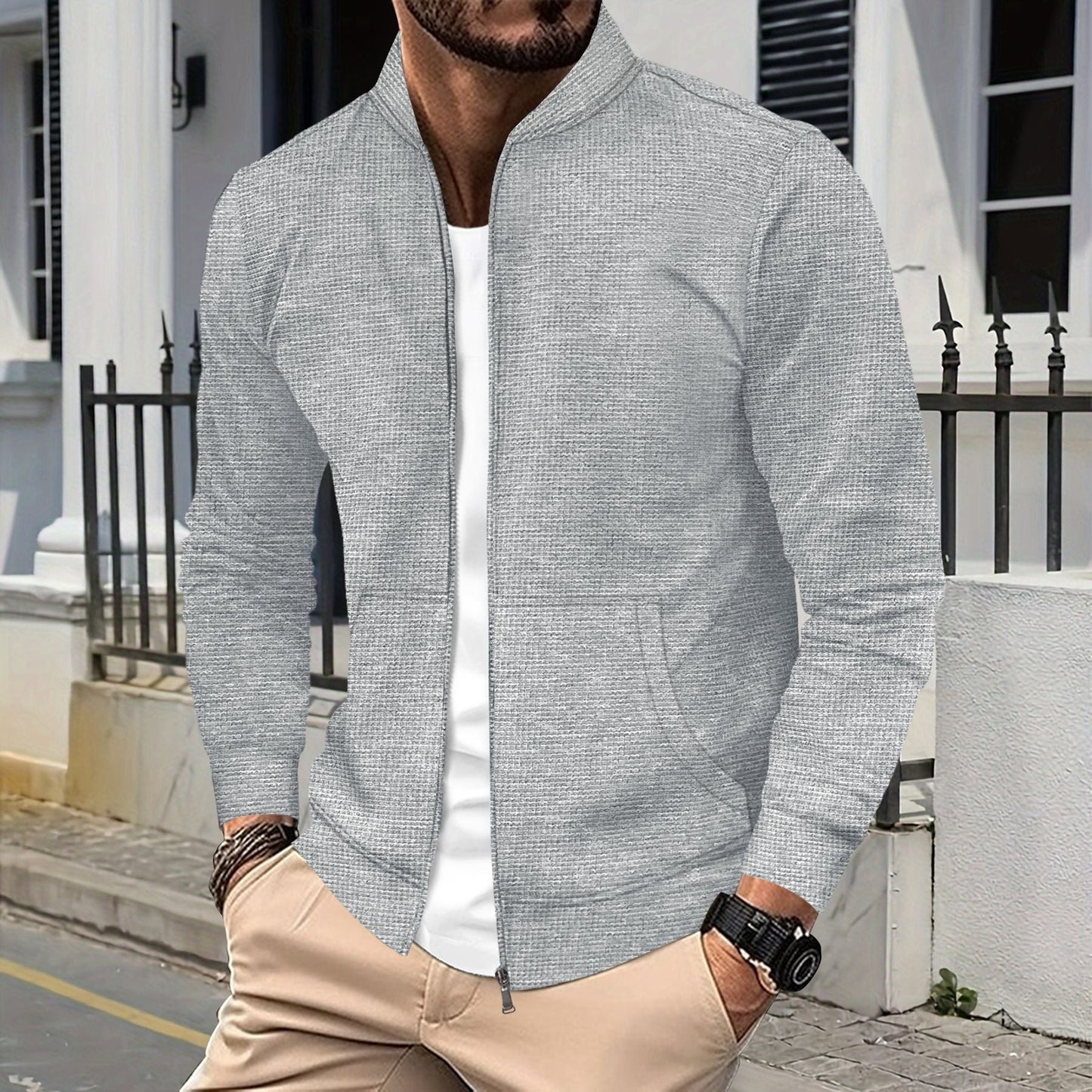 Veste zippée homme – Coupe athlétique – Tissu texturé – Ourlets côtelés – Poches devant
