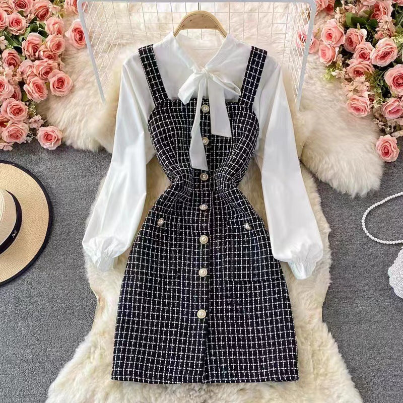 Robe Chasuble Femme – Coupe Cintrée – Tweed Texturé – Boutonnée – Blouse Nœud