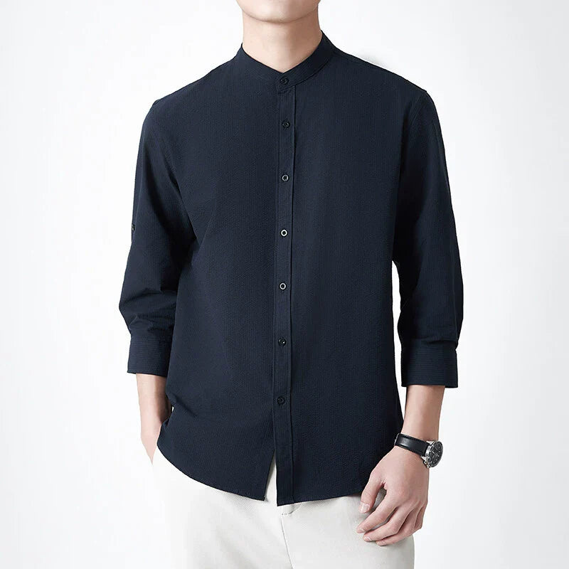 Homme Chemise - Tissu Tissé Texturé - Col Montant - Manches Trois-Quarts