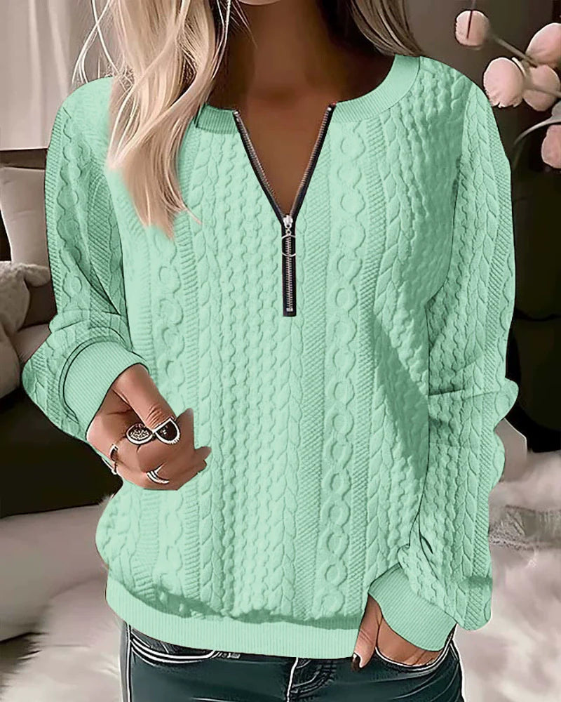 Femme Sweatshirt - Maille Texturée - Coupe Décontractée - Col Zippé - Manches Longues