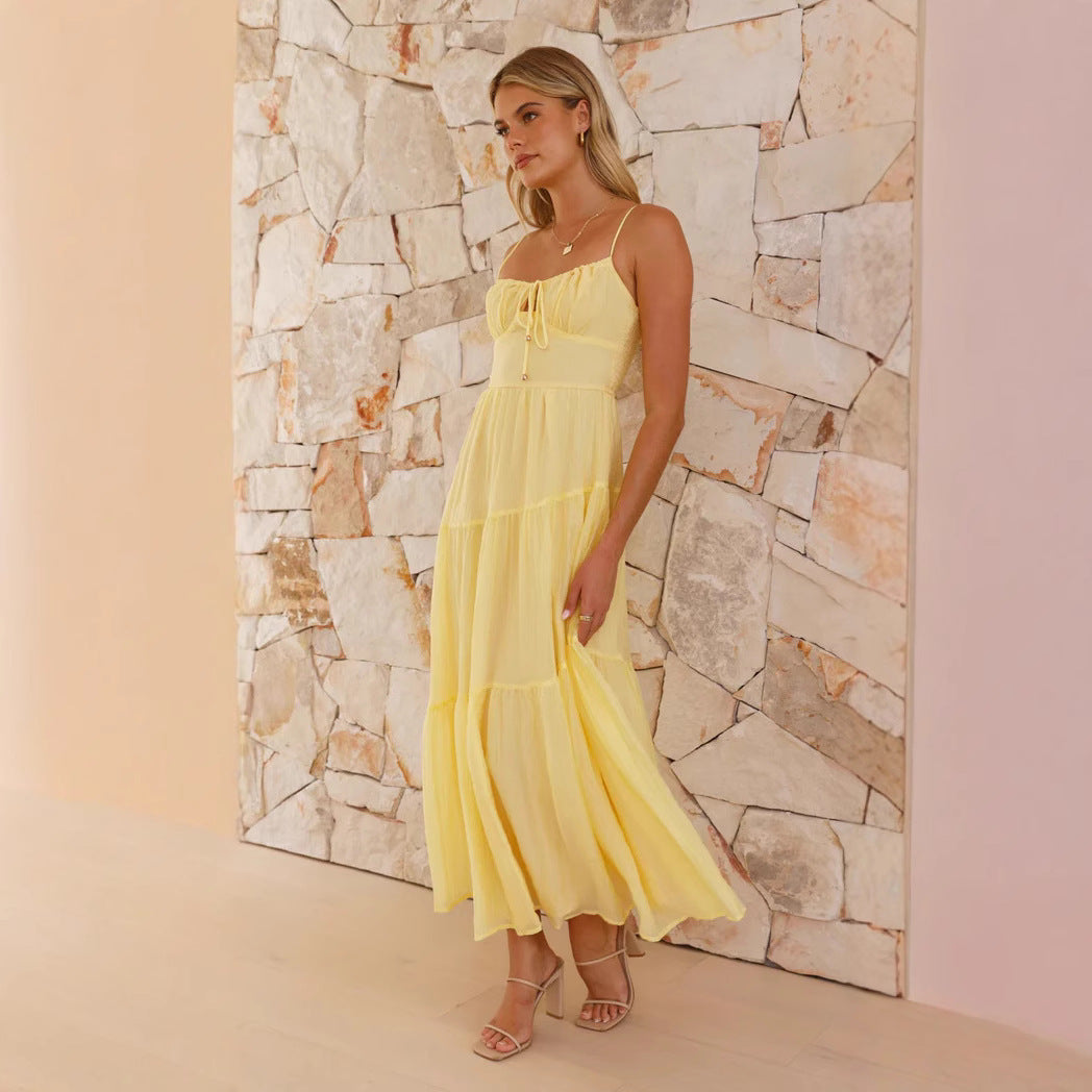 Robe longue femme – Coupe fluide – Dos nu – Bretelles fines – Jupe à volants