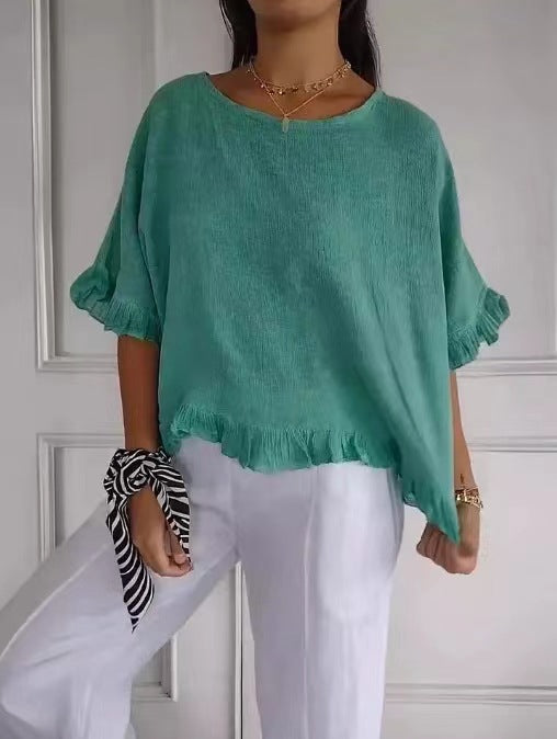 Blouse femme manches courtes – Coupe fluide – Lin et coton – Col rond – Finitions volantées