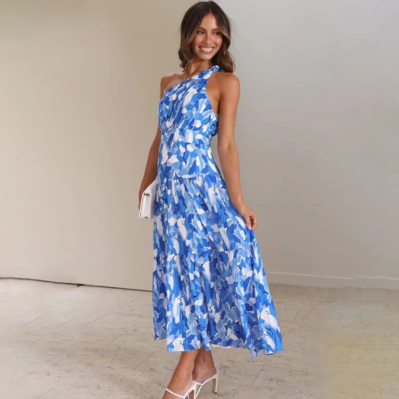 Robe longue femme – Une épaule – Coupe évasée – Sans manches – Tissu respirant imprimé