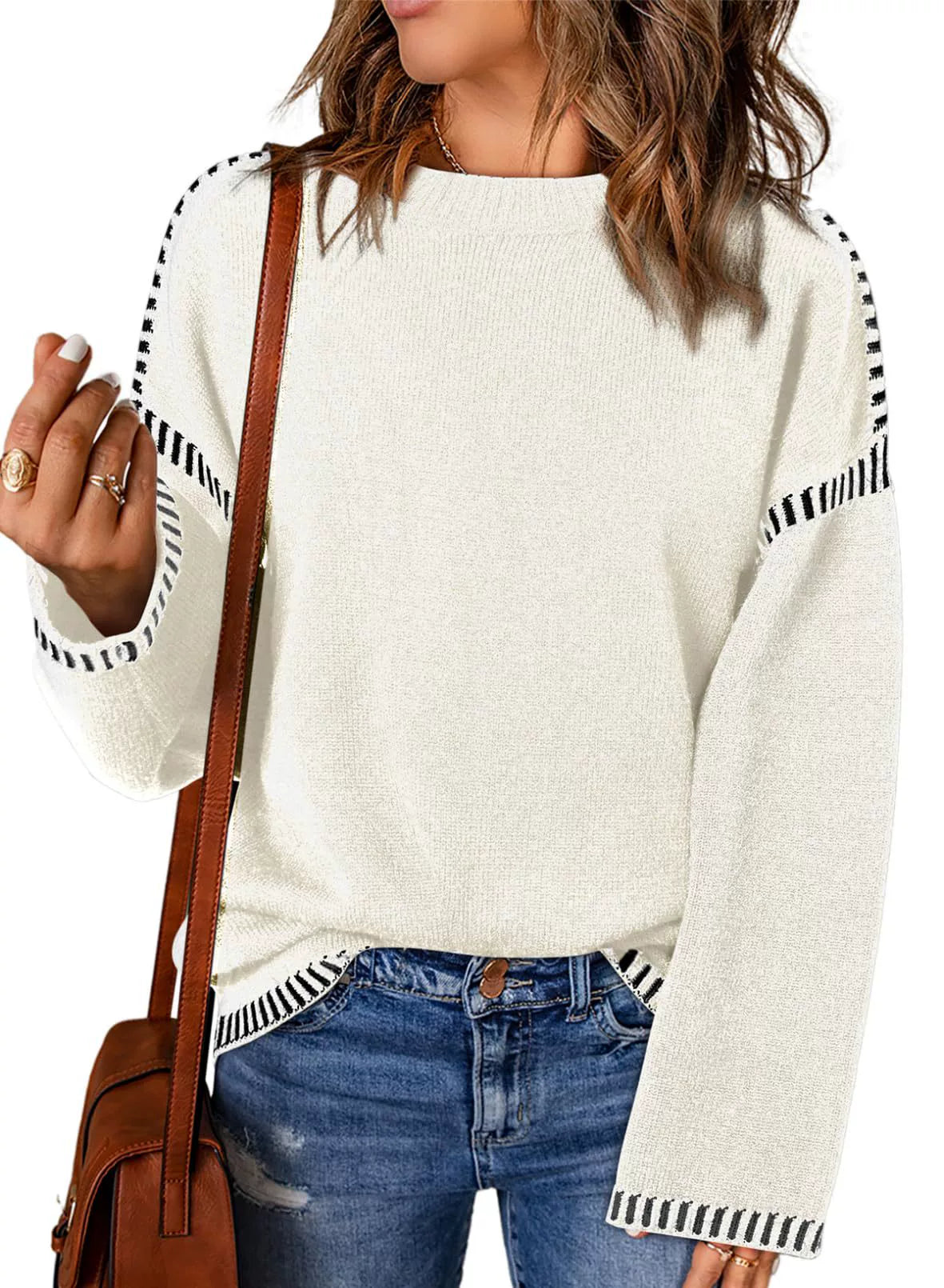 Pull femme – Coupe ample – Maille torsadée – Col rond – Manches longues à rayures