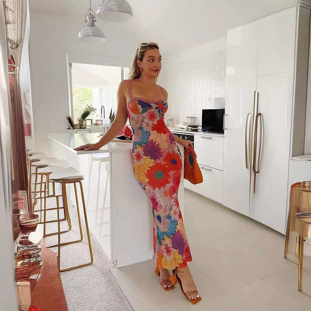Robe sans manches femme – Coupe slim – Épaule unique – Imprimé fleuri – Longue