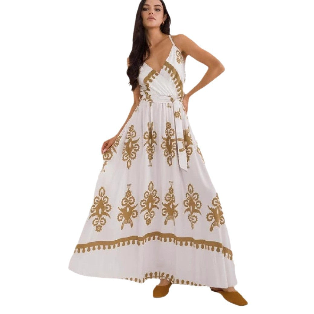 Robe longue femme – Coton léger – Sans manches – Col en V – Taille empire – Imprimée