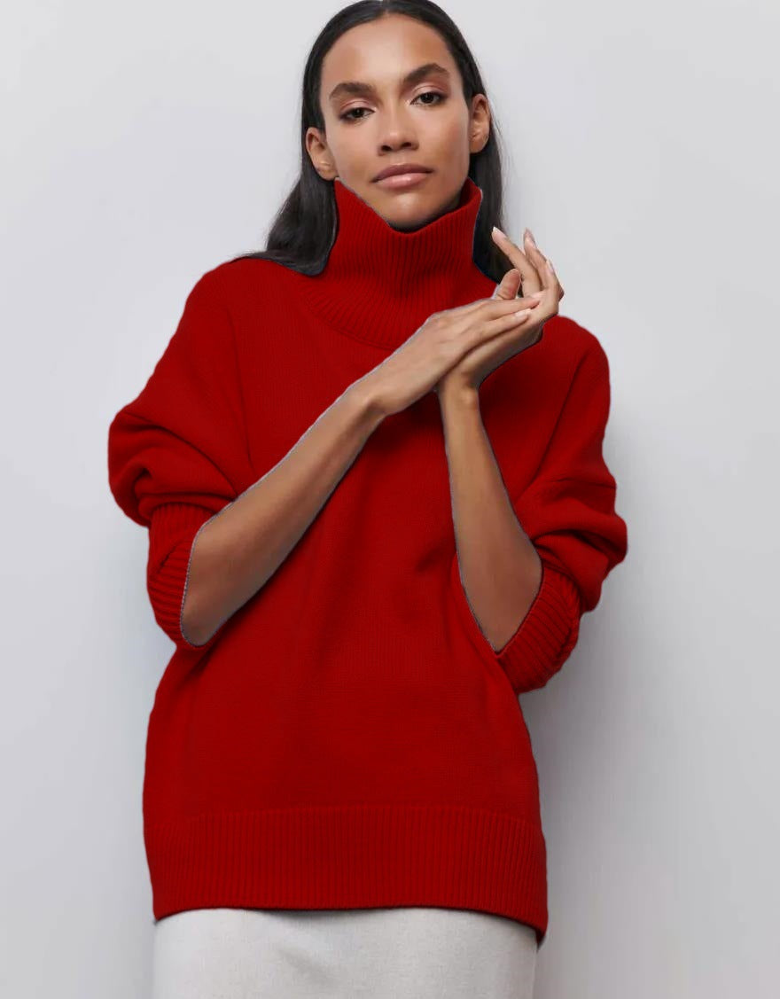 Pull femme – Col roulé – Coupe oversize – Maille douce – Finitions côtelées