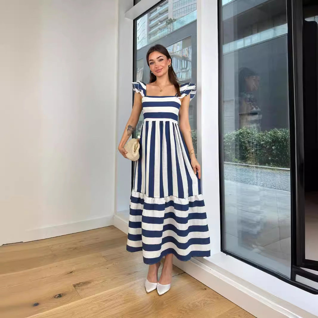 Robe midi femme – Épaules dénudées – Coton mélangé – Coupe fluide – Rayures – Manches volantées