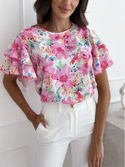 Blouse femme – Coupe décontractée – Manches à volants – Tissu respirant – Imprimé fleuri