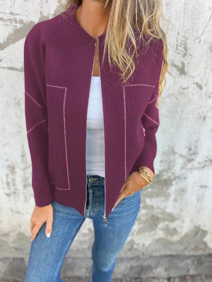 Veste tricotée femme – Laine – Coupe décontractée – Fermeture zippée – Poches latérales