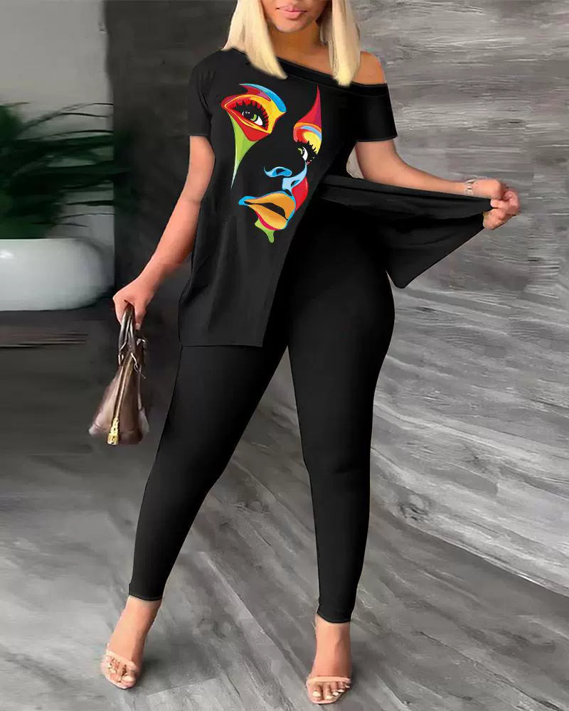 Ensemble Femme – Top Épaule Dénudée Détente – Pantalon Ajusté à Motifs – Tissu Léger