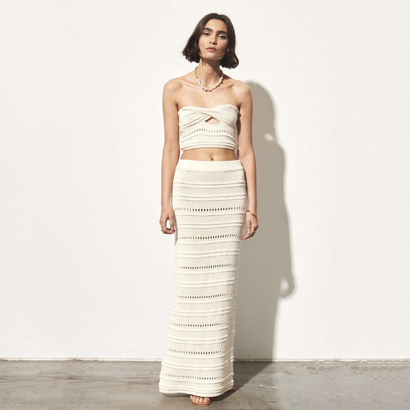 Ensemble Deux Pièces Femme – Crochet Respirant – Bandeau Twist – Jupe Midi Taille Haute