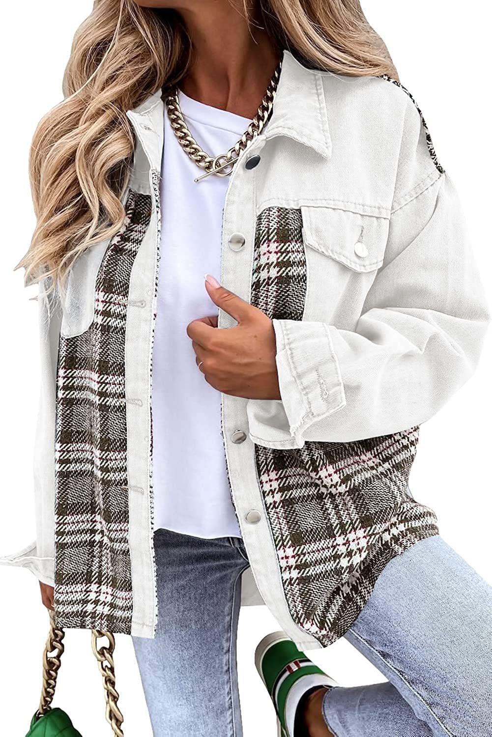 Veste femme – Coupe oversize – Empiècements jean et carreaux – Manches longues