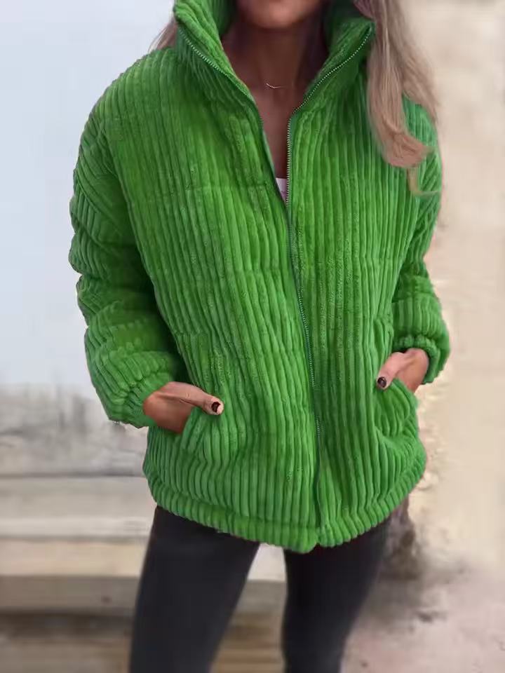 Veste femme en velours côtelé – Coupe décontractée – Longueur courte – Col montant – Fermeture zippée