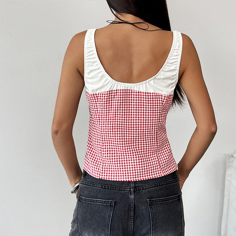 Débardeur femme – Coupe moulante – Col rond – Imprimé vichy – Coton mélangé court
