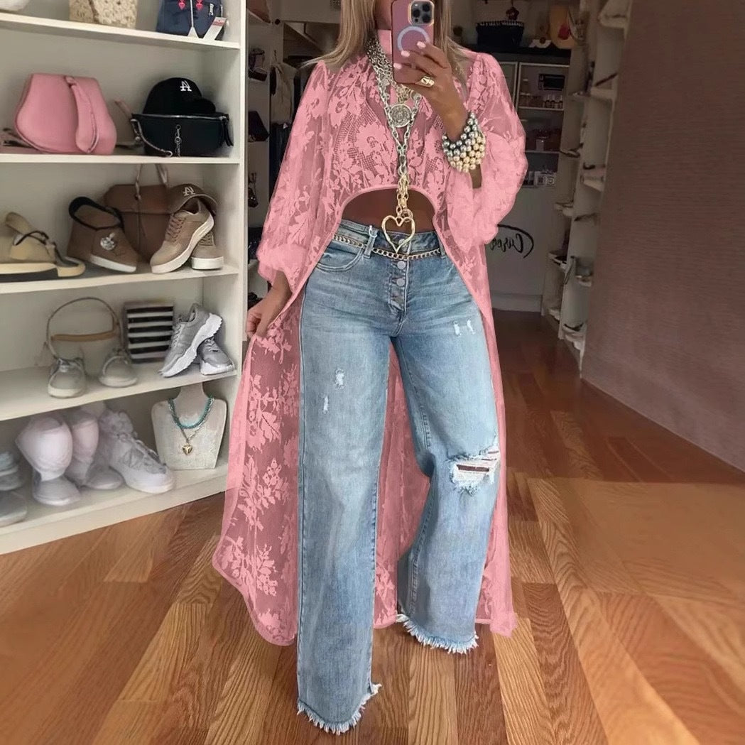Robe longue femme – Voile floral transparent – Coupe fluide élégante – Manches amples