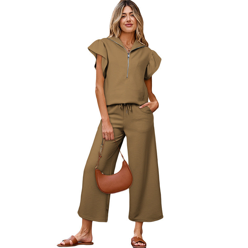 Ensemble Femme Décontracté – Haut Zip Volants Col Chemise – Pantalon Large Cordon