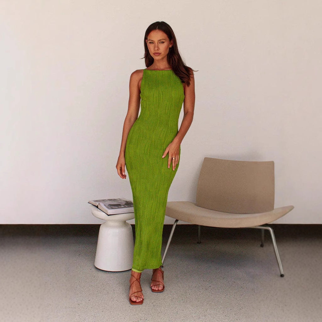Robe femme sans manches – Coupe moulante – Dos nu – Texture effet ondulé – Longueur midi