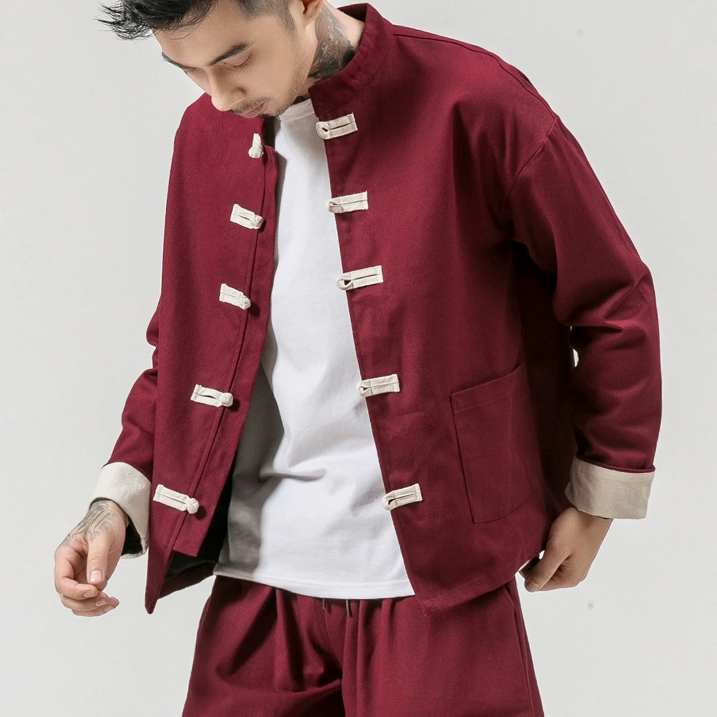 Veste homme – Coupe décontractée – Coton respirant – Boutons chinois – Col droit