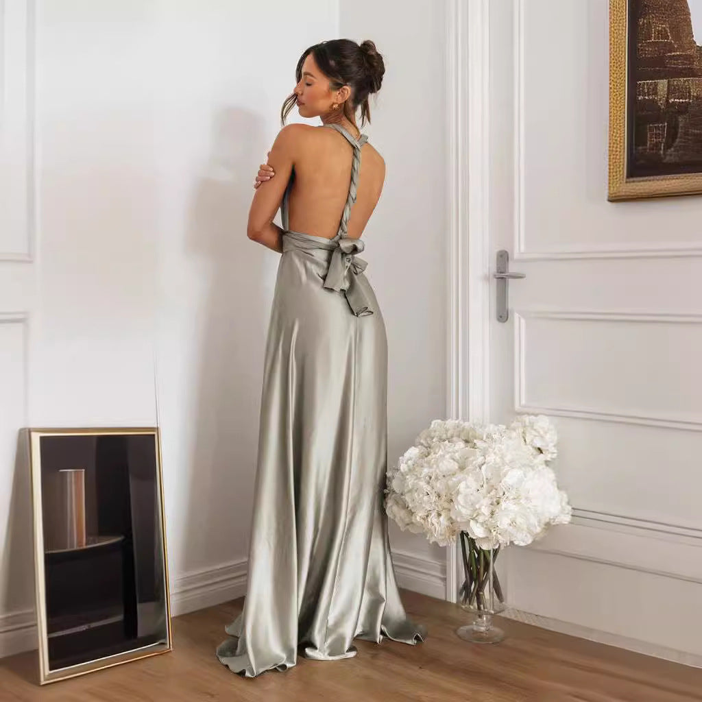 Robe Longue Femme – Satin Luxe – Décolleté Plongeant – Dos Croisé – Coupe Évasée