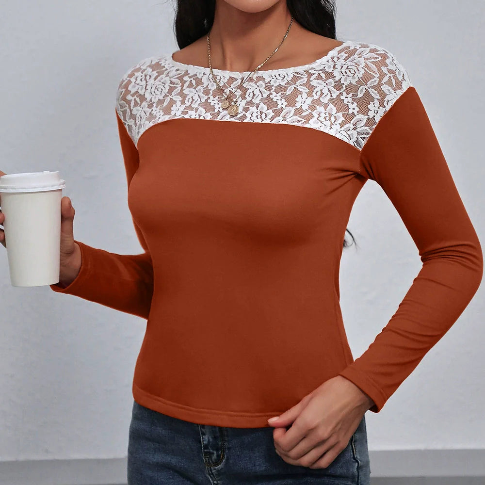 T-shirt manches longues femme – Coupe ajustée – Dentelle florale – Col rond élégant